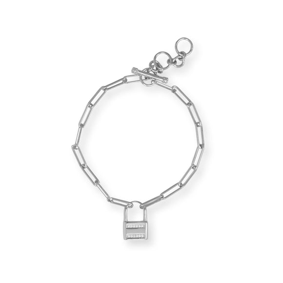 Rhodium Plated CZ Lock Toggle Bracelet