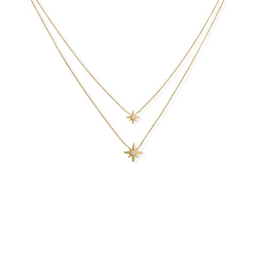 16"/17"+2" 14 Karat Gold Plated Two Strand CZ Star Necklace