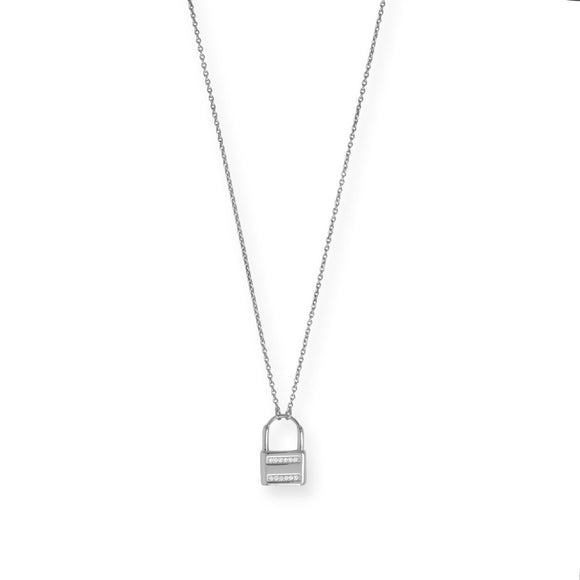 Rhodium Plated CZ Lock Necklace